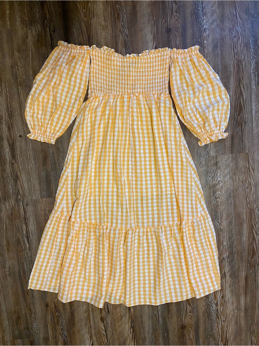 Hello Molly Orange and White Gingham Off-Shoulder Midi Dress - Picture 2 of 3